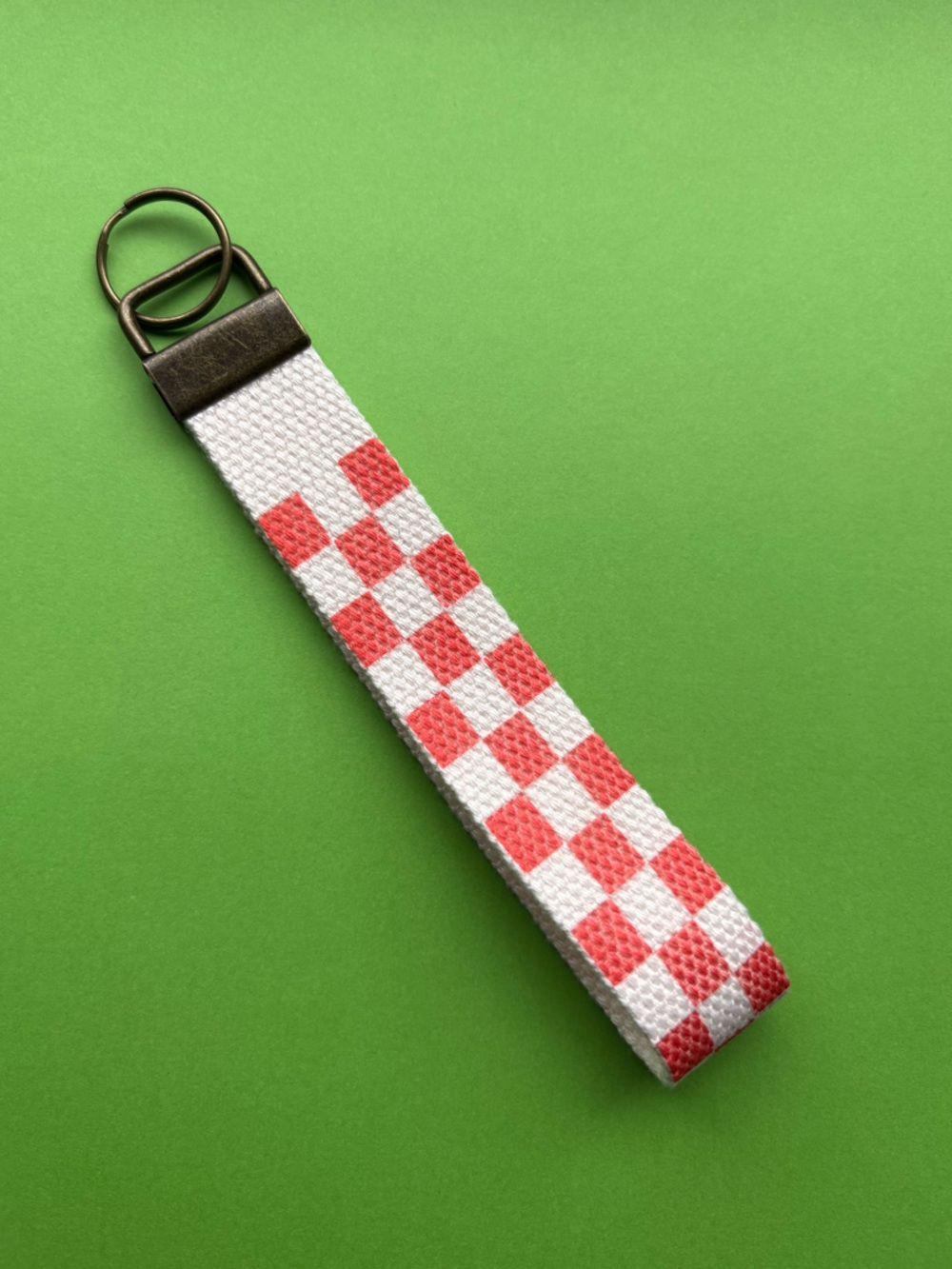 Hand made Checkerboard Key Fob Wristlet - White and red